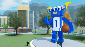 A blue bull standing with a basketball.