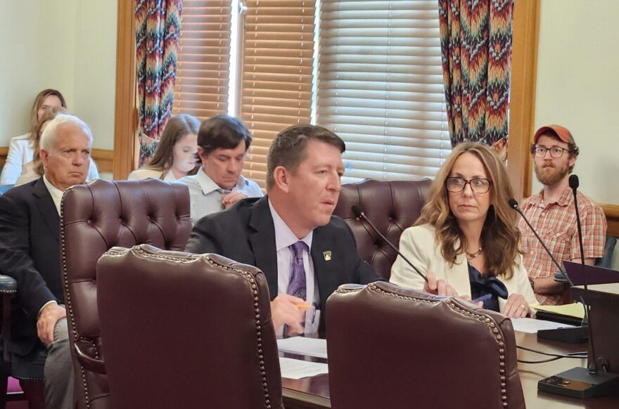 Arkansas Republican Sens. Joshua Bryant of Rogers and Missy Irvin of Mountain View present bills proposing regulations on cryptocurrency mines to the Senate City, County and Local Affairs Committee on Thursday, April 18, 2024.