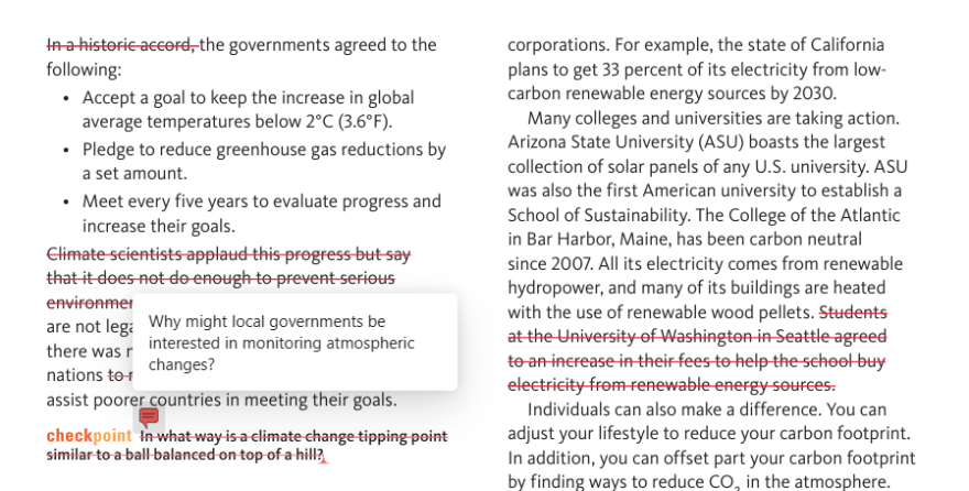 Screen shot of black text being crossed out with a red line and a hovering textbox requesting a question be completely changed from the original question. 