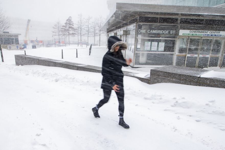 A woman walks through the snow and high winds around City Hall Plaza in Boston.