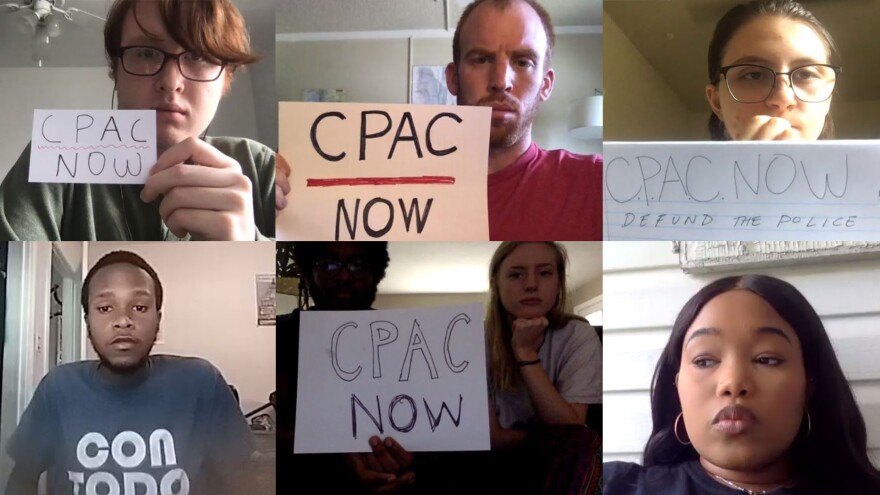 Local activists took part in a Zoom press conference to advocate for the creation of a Civilian Police Accountability Council (CPAC). Participants held up pieces of paper showing support for the idea. Delilah Pierre (pictured bottom left) hosted the conference. Saskiya Fagan (pictured bottom right) was a speaker for the event.
