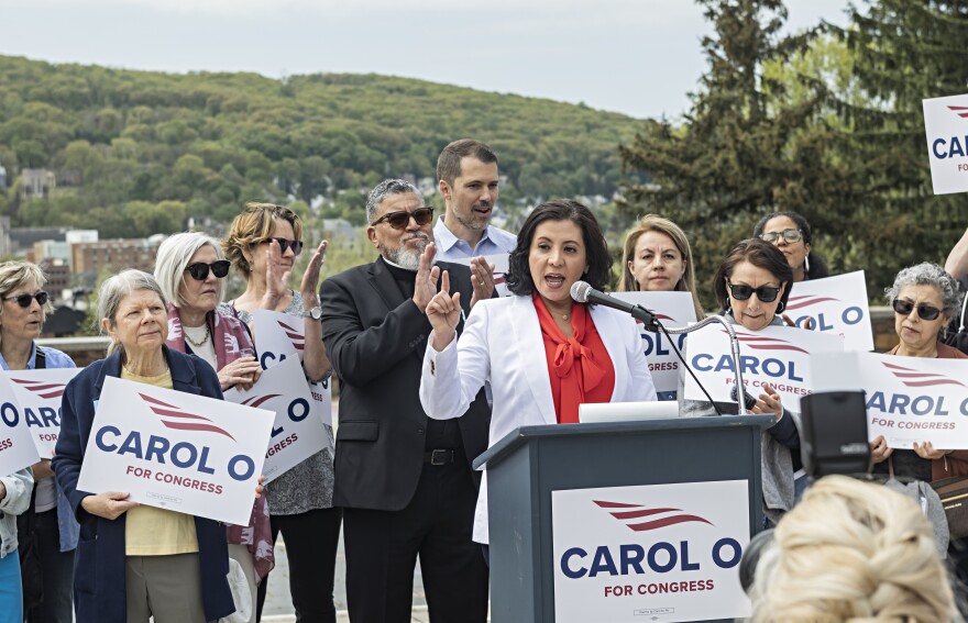 Carol Obando-Derstine, a Democrat, announces she will run for the 7th Congressional District seat during a news conference May 1, 2025.