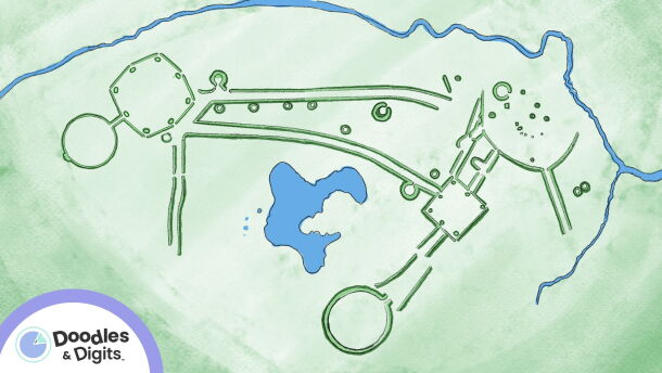 An aerial illustration of the Great Circle Earthworks and Octagon Earthworks, which make up part of the Hopewell Ceremonial Earthworks. The episode will air on September 22.