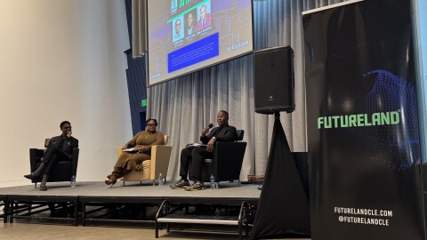 Cleveland Mayor Justin Bibb (left) spoke about how the city is using AI technology to adapt city services for residents. He spoke alongside Google's Winton Steward (right) at the annual FutureLAND AI Summit at Cleveland's Museum of Contemporary Art.