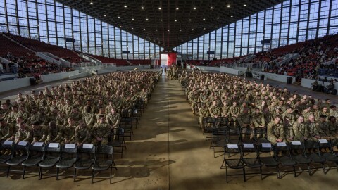 North Carolina National Guard Soldiers with the 1st Battalion, 120th Infantry Regiment, fill Dorton Arena in Raleigh for a Jan. 27 deployment ceremony. The troops are now in Texas preparing for a long-planned, year-long deployment to Kuwait.
