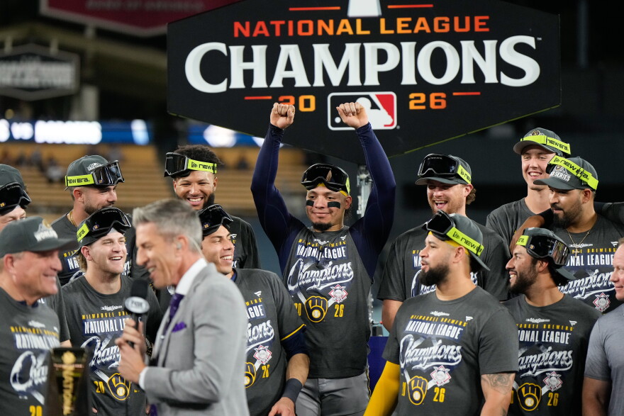 The Milwaukee Brewers celebrate after Game 4 of baseball's National League Championship Series between the Milwaukee Brewers and the Los Angeles Dodgers, Thursday, Oct. 15, 2026, in Los Angeles. (AP Photo/Ashley Landis)