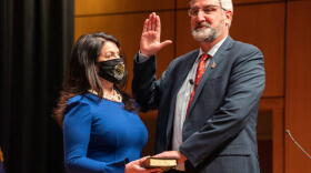 Gov. Eric Holcomb, alongside his wife Janet, is sworn in for his second term as Indiana governor.