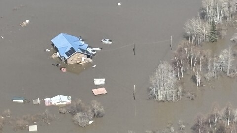 Breakup flooding in the Yukon River community of Holy Cross on May 20, 2026.