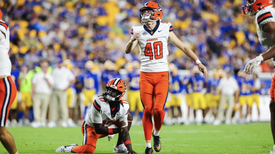 Syracuse kicker Shay Barker (40, White) nails a field goal in SU’s 27-13 loss to Pitt on Thursday.