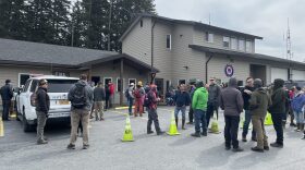Dozens of members of the public joined the search and waited outside Bayside Volunteer Fire Department on Sun., May 8, 2022. (Photo: Kirsten Dobroth, KMXT)