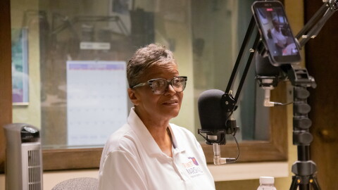 Democratic candidate for state superintendent, Jennettie Marshall, speaks with StateImpact reporter Beth Wallis at Public Radio Tulsa.