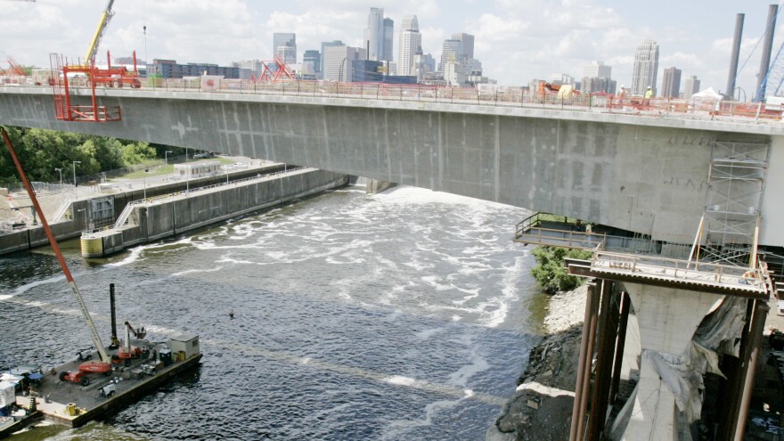 The new Interstate 35W bridge, which replaced the old bridge, seen in July 2008.