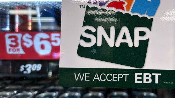 FILE - A SNAP EBT information sign is displayed at a gas station in Riverwoods, Ill., Nov. 1, 2025. (AP Photo/Nam Y. Huh, File)