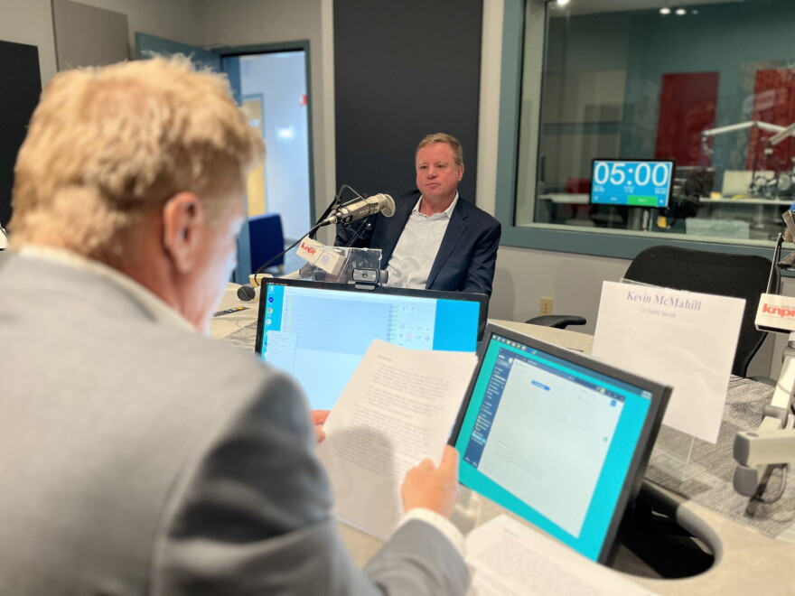 LVMPD Sheriff Kevin McMahill at Nevada Public Radio with State of Nevada host Joe Schoenmann on Sept. 19, 2023.