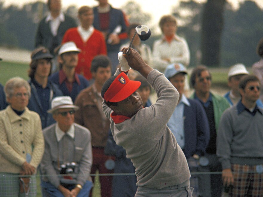 Lee Elder (shown here playing at the Masters in 1975) turned pro in 1959, joining the United Golf Association, a tour specifically for African American golfers who were prohibited from the PGA Tour due to its "Caucasian only" clause.