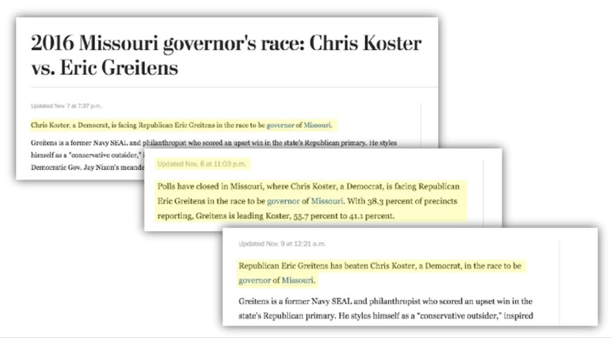 This image shows the different stages a Heliograf story went through leading up to, during and after Election Day. (Courtesy of The Washington Post)
