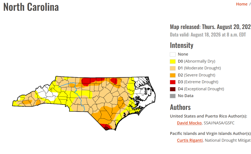 Map of North Carolina showing drought conditions as of August 20, 2026