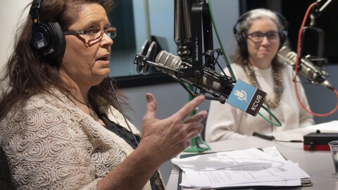A woman seated left, gestures with her right hand while talking at a microphone studio while another woman listens.