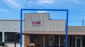 A historic storefront in De Smet, S.D., with the sign Bernies Barber Shop.