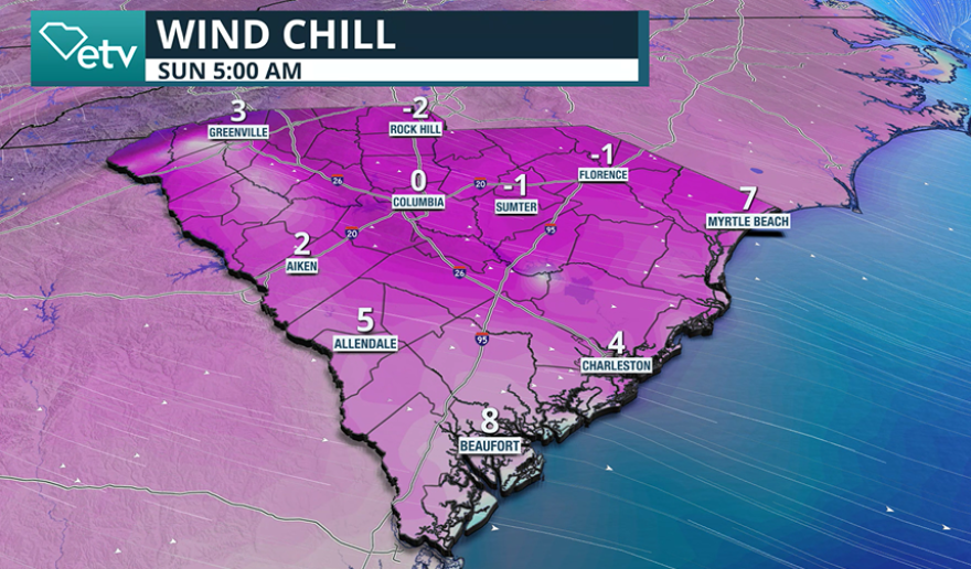 Expected wind chills on Sunday morning.