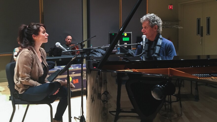 World Cafe host Talia Schlanger sitting with Chick Corea during rehearsal at Jazz at Lincoln Center in New York City.