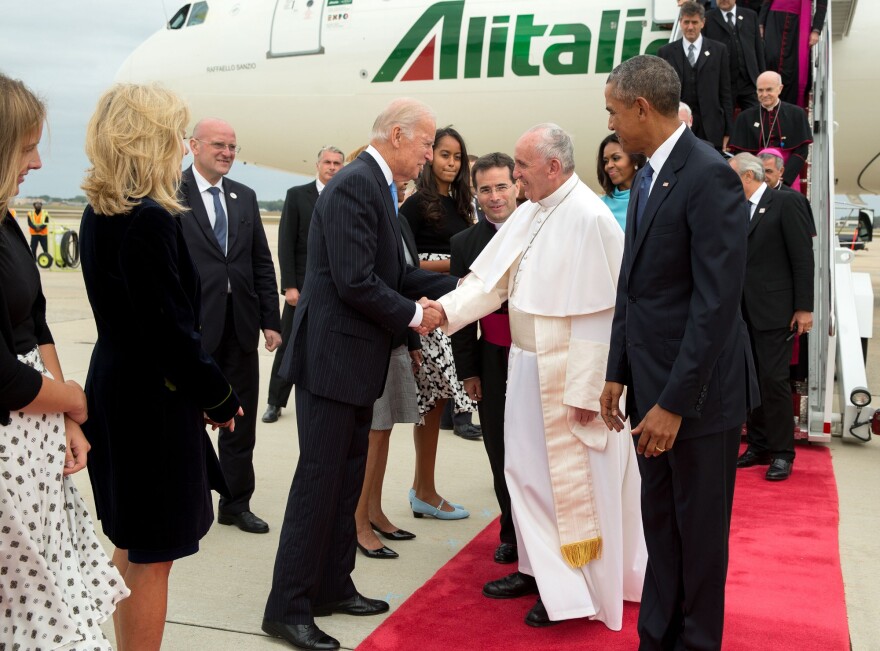 In September 2015, then-Vice President Joe Biden greeted Pope Francis when he arrived at Joint Base Andrews in Maryland.