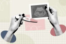 Illustration of one hand holding ultrasound picture and another hand holding an over-the-counter pregnancy test strip.