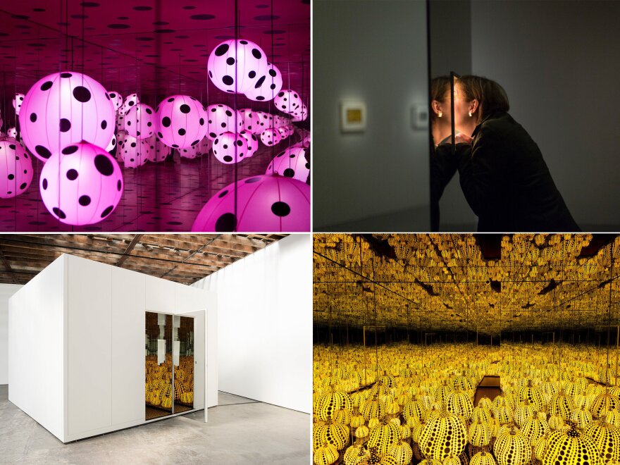 Top left: Dots Obsession — Love Transformed Into Dots, 2007. Top right: Sarah Stauderman looks through a peep hole to view Love Forever. Bottom left: They may look small, but once inside, the mirrored walls of Kusama's infinity rooms make the space feel endless. Bottom right: All the Eternal Love I Have for the Pumpkins, 20