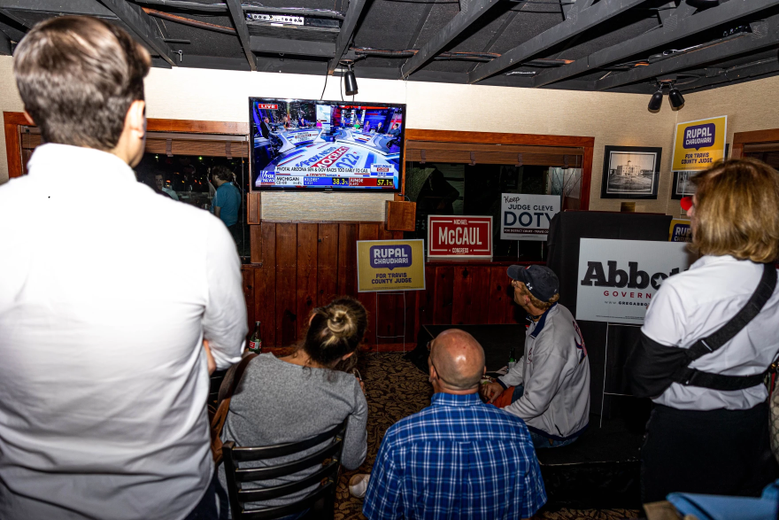 An Abbott campaign sign at the Travis County GOP watch party on Tuesday. 