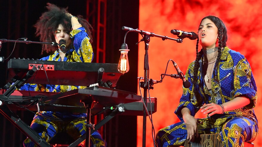 Singer Lisa-Kainde Diaz (L) and Naomi Diaz (R) of the band Ibeyi performs at Coachella Valley Music and Arts Festival on April 15, 2018 in Indio, Calif.