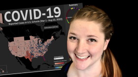 Alisha Morris, a theater teacher at Olathe West High School, is pictured in this photo illustration in front of the database she began to help track schools' response and reopening during the pandemic. 