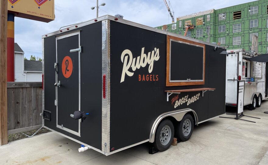 Cerda designed and hand-painted the business logos for Ruby's Bagels, a business and food truck often found at Zócalo Food Truck Park.