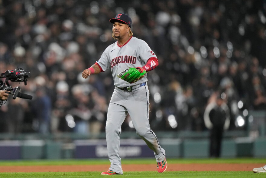Cleveland Guardians' Jose Ramirez celebrates after winning Game 4 of baseball's American League Division Series against the Chicago White Sox, Thursday, Oct. 8, 2026, in Chicago. 