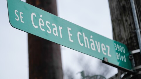 A sign for SE César E Chávez Boulevard is seen on Wednesday, March 18, 2026, in Portland, Ore. (AP Photo/Jenny Kane)