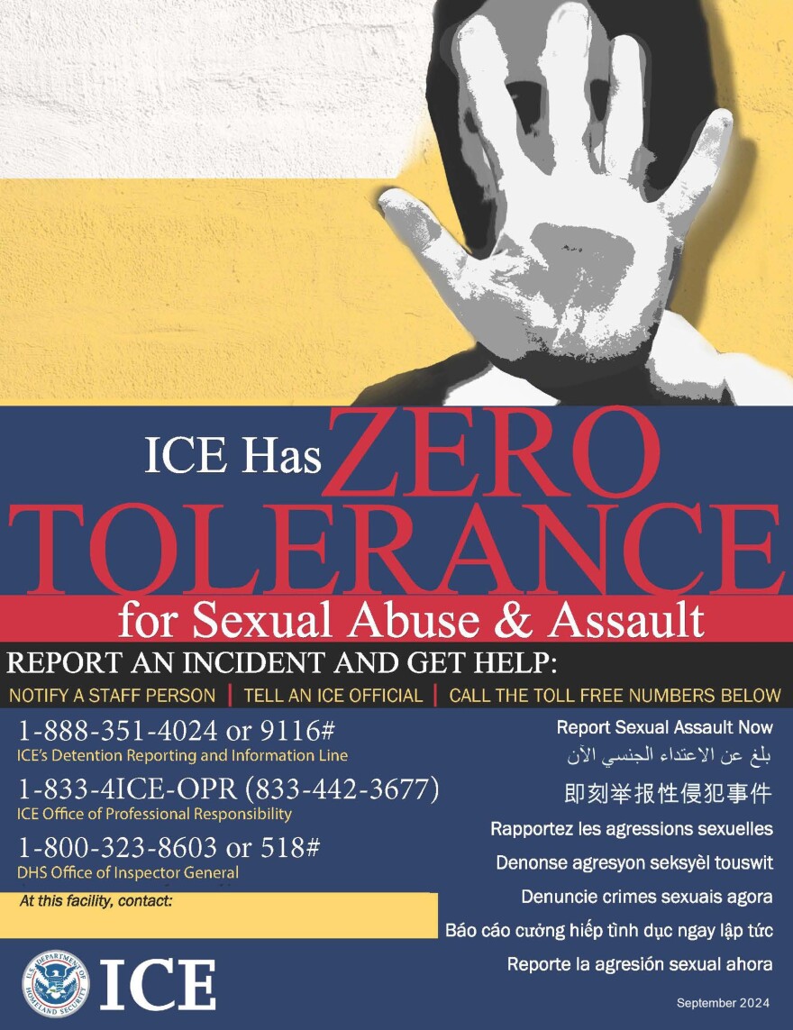 An official U.S. Immigration and Customs Enforcement poster titled "ICE Has Zero Tolerance for Sexual Abuse & Assault," dated September 2024. The top half features a high-contrast graphic image of a person raising their hand as if to stop something, set against a yellow and white background. The bottom half, in navy blue and red, instructs detainees to report incidents by notifying a staff person, telling an ICE official, or calling one of three toll-free numbers: 1-888-351-4024 or 9116# for ICE's Detention Reporting and Information Line; 1-833-4ICE-OPR (833-442-3677) for the ICE Office of Professional Responsibility; and 1-800-323-8603 or 518# for the DHS Office of Inspector General. A blank field reads "At this facility, contact:" The right side repeats the call to report sexual assault in eight languages including Arabic, Chinese, French, Haitian Creole, Portuguese, Vietnamese, and Spanish. The DHS and ICE logos appear at the bottom left.