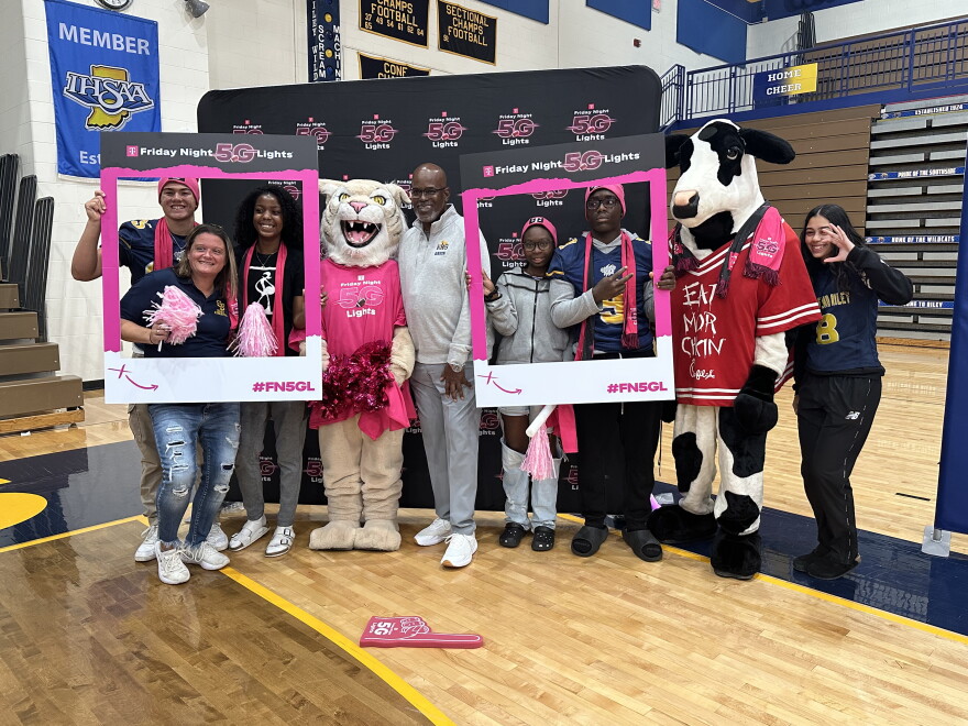 South Bend Riley High School students and staff on Thursday celebrate the school's selection as a finalist in T-Mobile's Friday Night 5G Lights contest for a $1 million football stadium upgrade.