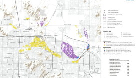 A map from the FAA proposal showing where noise will increase and decrease from the new flight paths.