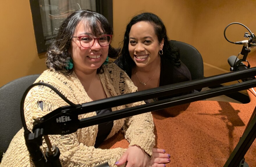 Delia Fernández-Jones, left, and Paige Hernandez in the MSU Audio Studios
