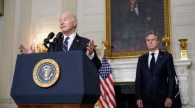 U.S. President Joe Biden, joined by Secretary of State Antony Blinken, delivers remarks on the Hamas terrorist attacks in Israel in the State Dining Room of the White House October 10, 2023 in Washington, DC.  (Drew Angerer/Getty Images)