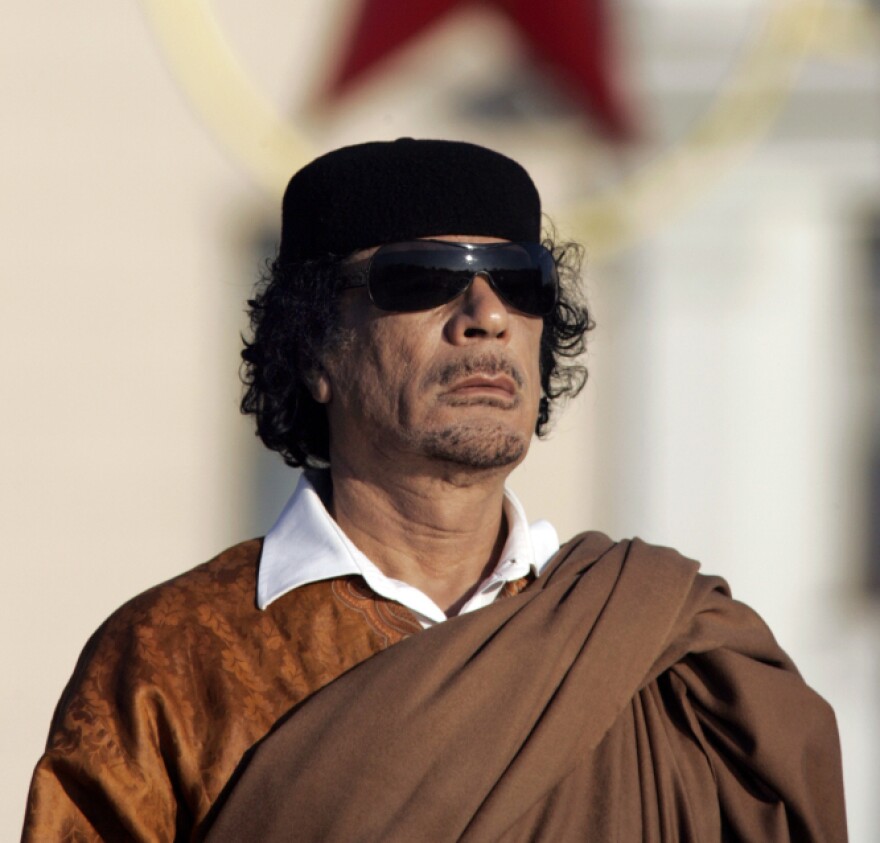 <p>In this photo taken Monday, Nov. 3, 2008, Libya's leader Moammar Gadhafi attends a wreath laying ceremony in the Belarus capital Minsk. </p>