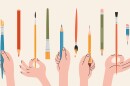 Various hands holding pencils and paintbrushes. Human arms and Gestures with different finger positions. Painting tools and Art supplies. Modern vector isolated illustration, hand drawn, flat design.