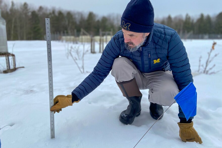 Adam Schubel measures the snow depth at the University of Michigan Biological Station near Pellston. As of Sunday, there were five inches left from the January snowstorm that dumped about 21 inches in the area.