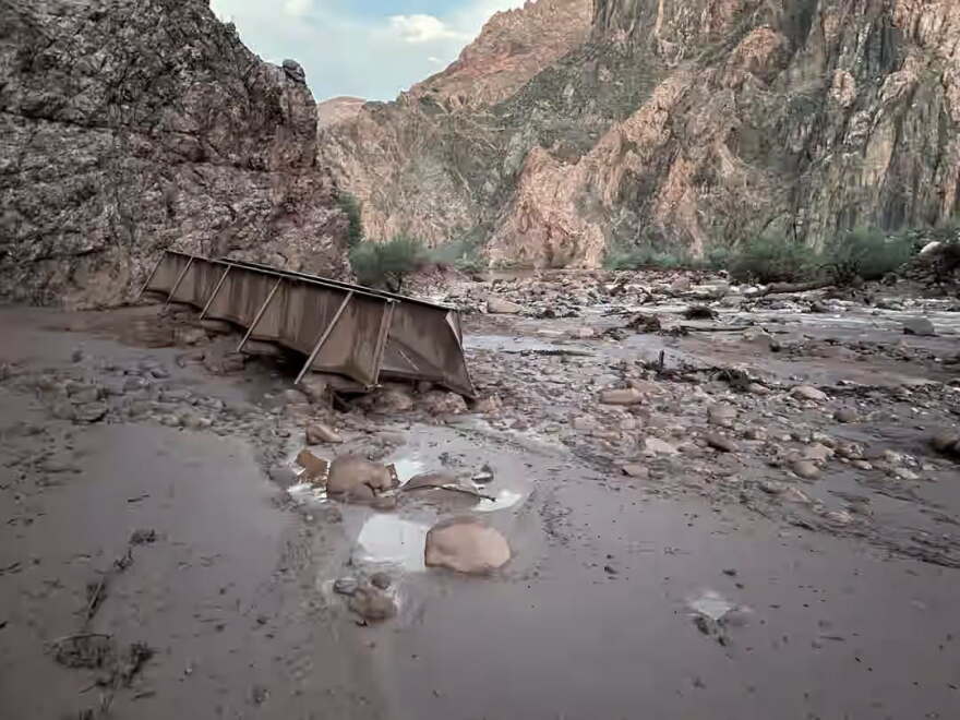 A footbridge rests downstream of Phantom Ranch after severe flooding destroyed infrastructure in Grand Canyon National Park on Aug. 29, 2026.