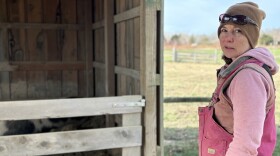 Jennifer Duensing stands in front of a pig pen on her farm in Prairie du Rocher, Illinois on Thursday, Dec. 12, 2024.