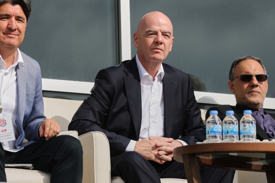 FIFA President Gianni Infantino, center, follows a friendly soccer match between Iran and Costa Rica, in Antalya, southern Turkey, March 31, 2026.
