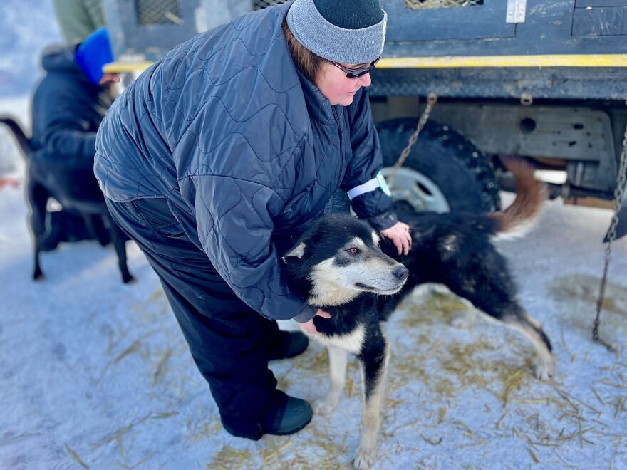 a woman pets a dog