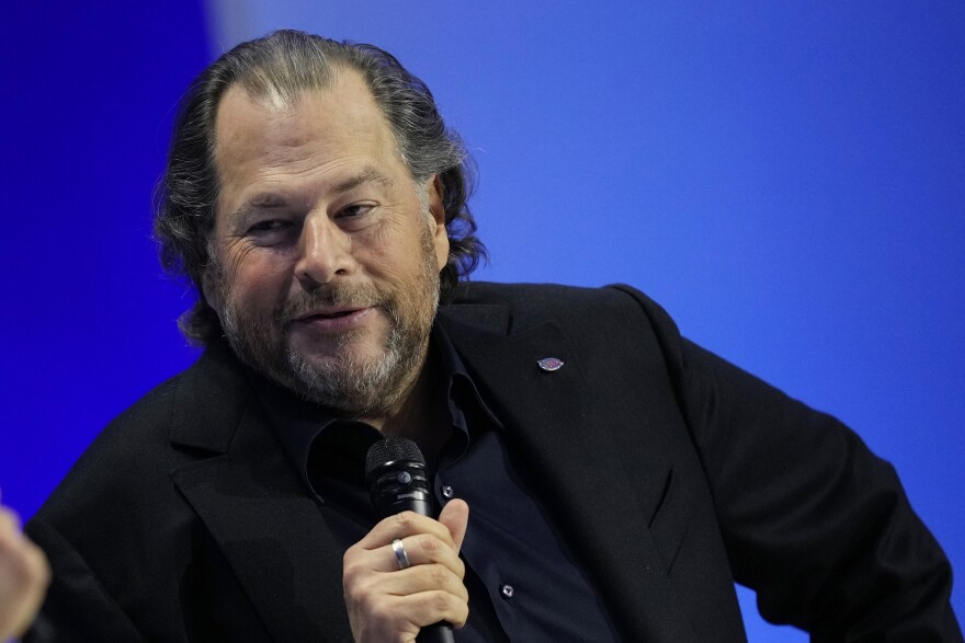 FILE - Salesforce CEO Marc Benioff, right, talks on stage during the Asia-Pacific Economic Cooperation (APEC) CEO Summit Thursday, Nov. 16, 2023, in San Francisco. (AP Photo/Eric Risberg, File)