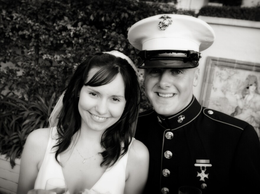 <p>Ashley and Sgt. Ian Tawney (seen here on their wedding day) had known each other since they were children. Ian Tawney was killed Oct. 16, 2010, by an improvised explosive device while on a foot patrol in Sangin. Ashley says she doesn't know how she made it to the door the day Marine officers came to her house to tell her that her husband was dead.</p>