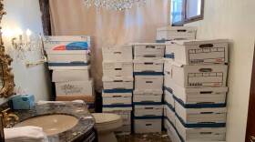 FILE - This image, contained in the indictment against former President Donald Trump, shows boxes of records stored in a bathroom and shower in the Lake Room at Trump's Mar-a-Lago estate in Palm Beach, Fla.