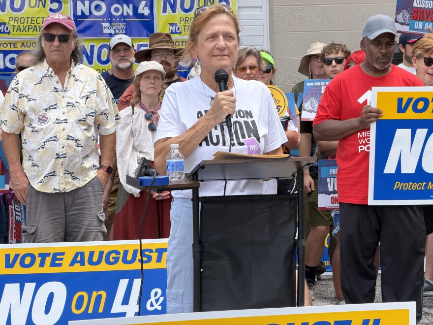 St. Charles County resident Cindy Austin speaks out against Amendment 4 at a rally last month in St. Charles.